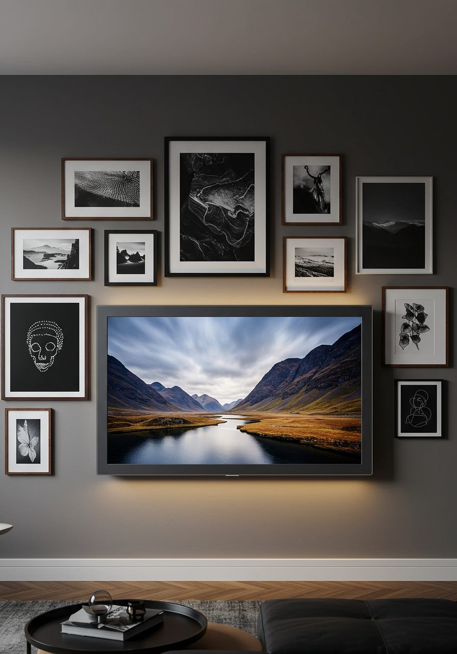 Frame TV integrated seamlessly into a decorated living room wall