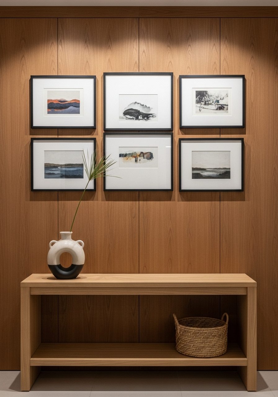 Framed artwork arranged on a wood-paneled accent wall in a gallery layout