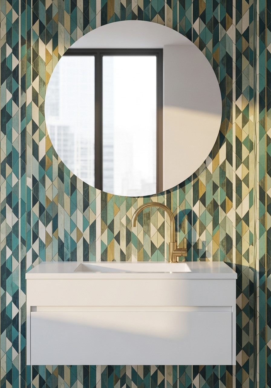 Frameless mirror over patterned wall in minimalist urban bathroom