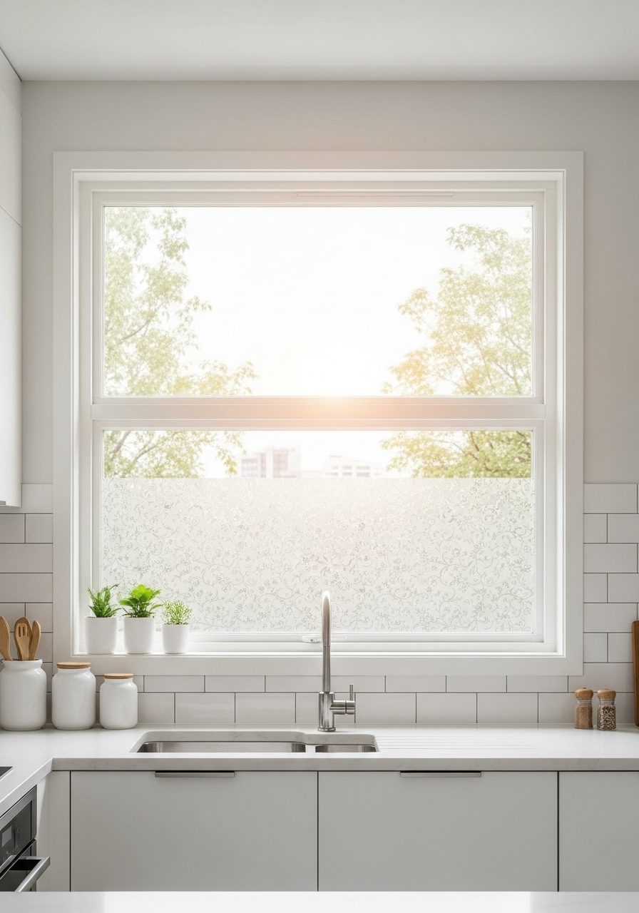 Frosted floral window film applied to a bright kitchen window for privacy