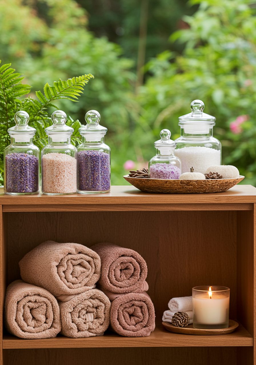 Functional bathroom towel decor with spa rolls, trays, and bath jars styled on open shelving