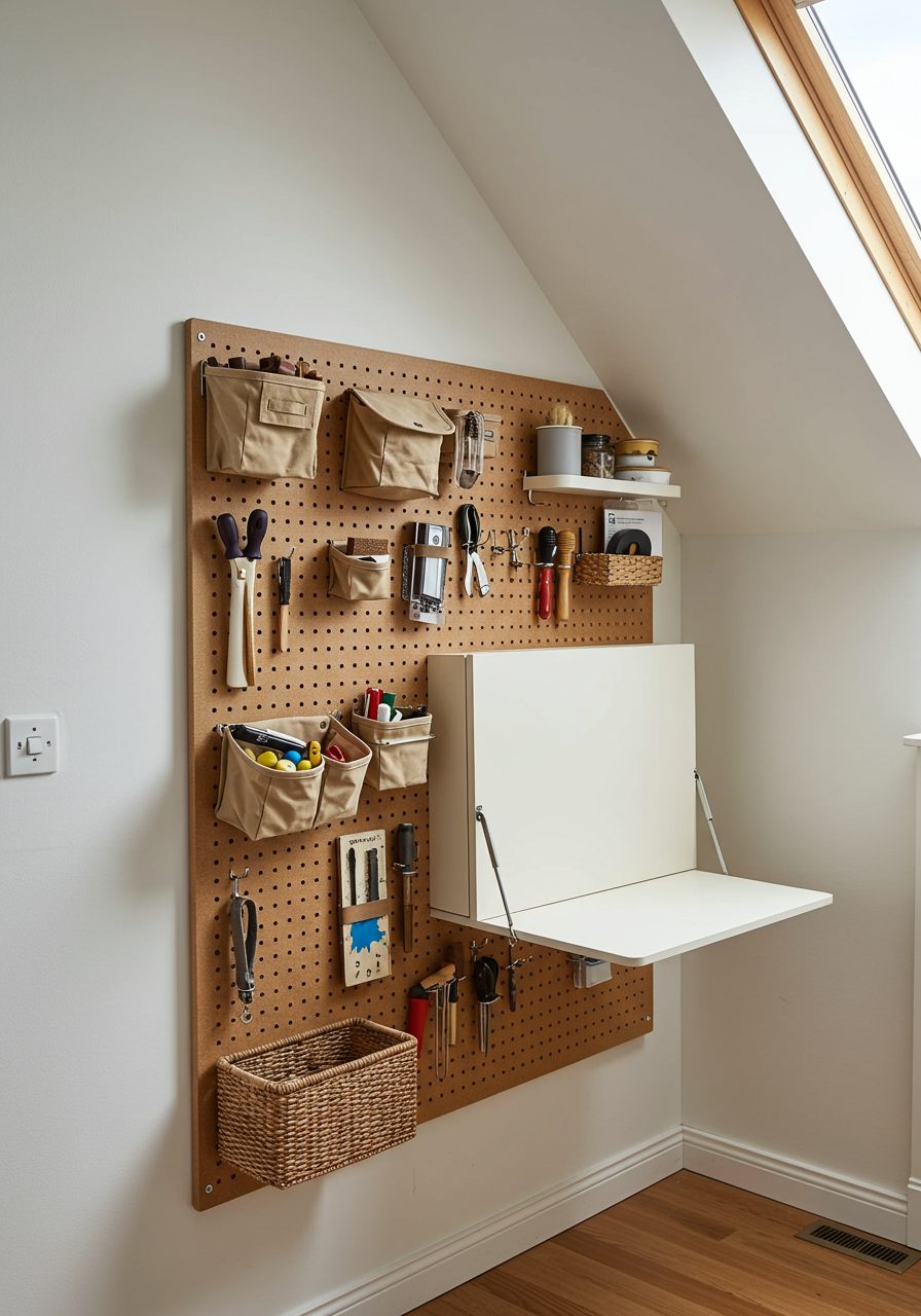 Functional pegboard and foldable desk installed under an angled wall