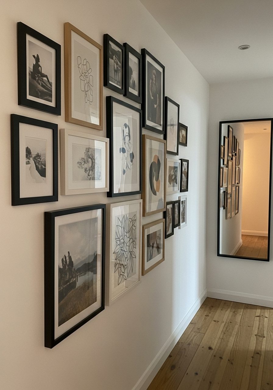 Gallery wall and vertical mirror used to decorate a long hallway