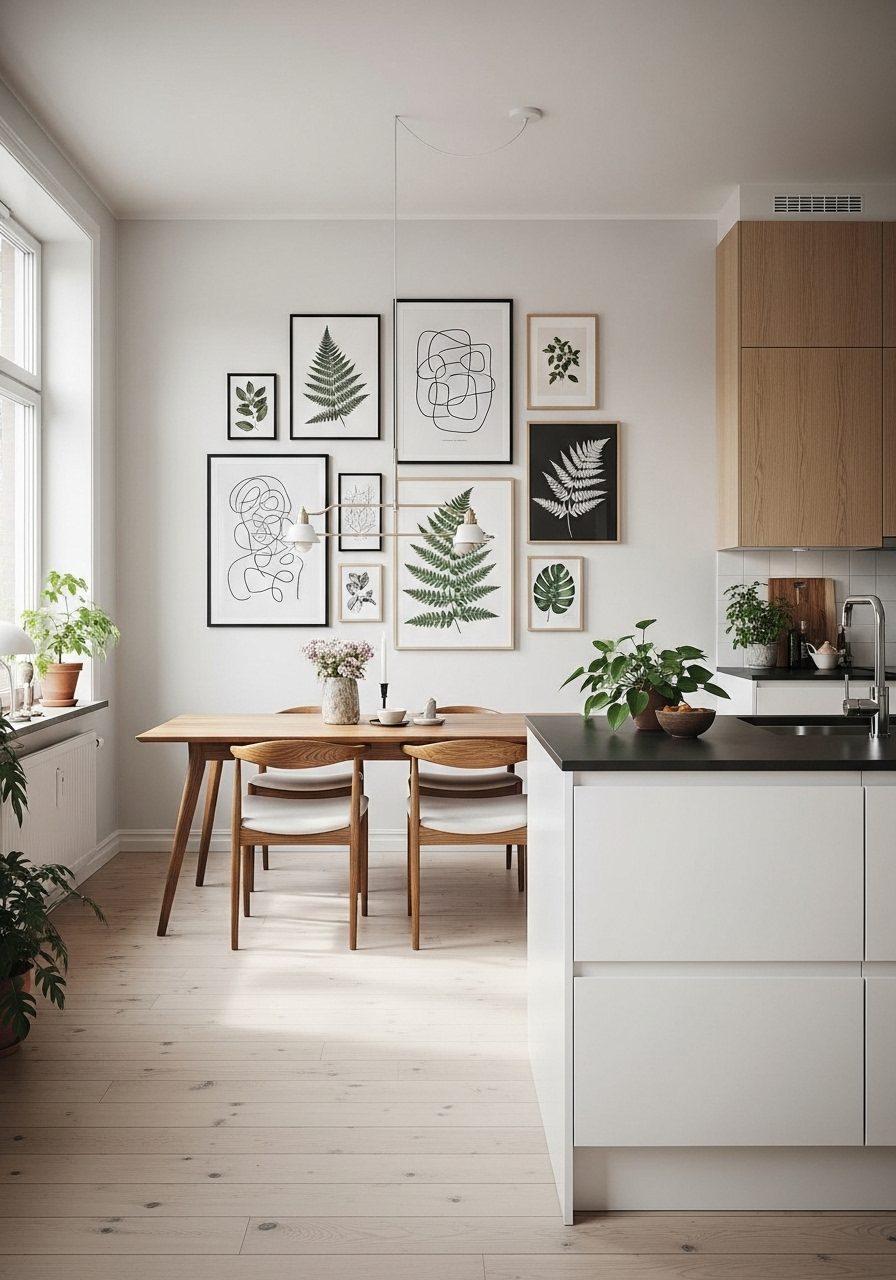 Gallery wall of framed art in a modern Scandinavian kitchen with neutral tones