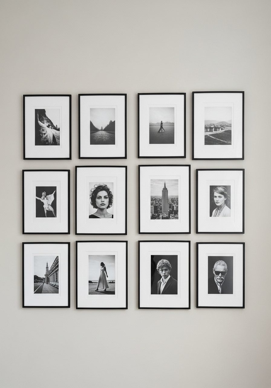 Gallery wall of framed black-and-white photos on a long neutral-toned living room wall