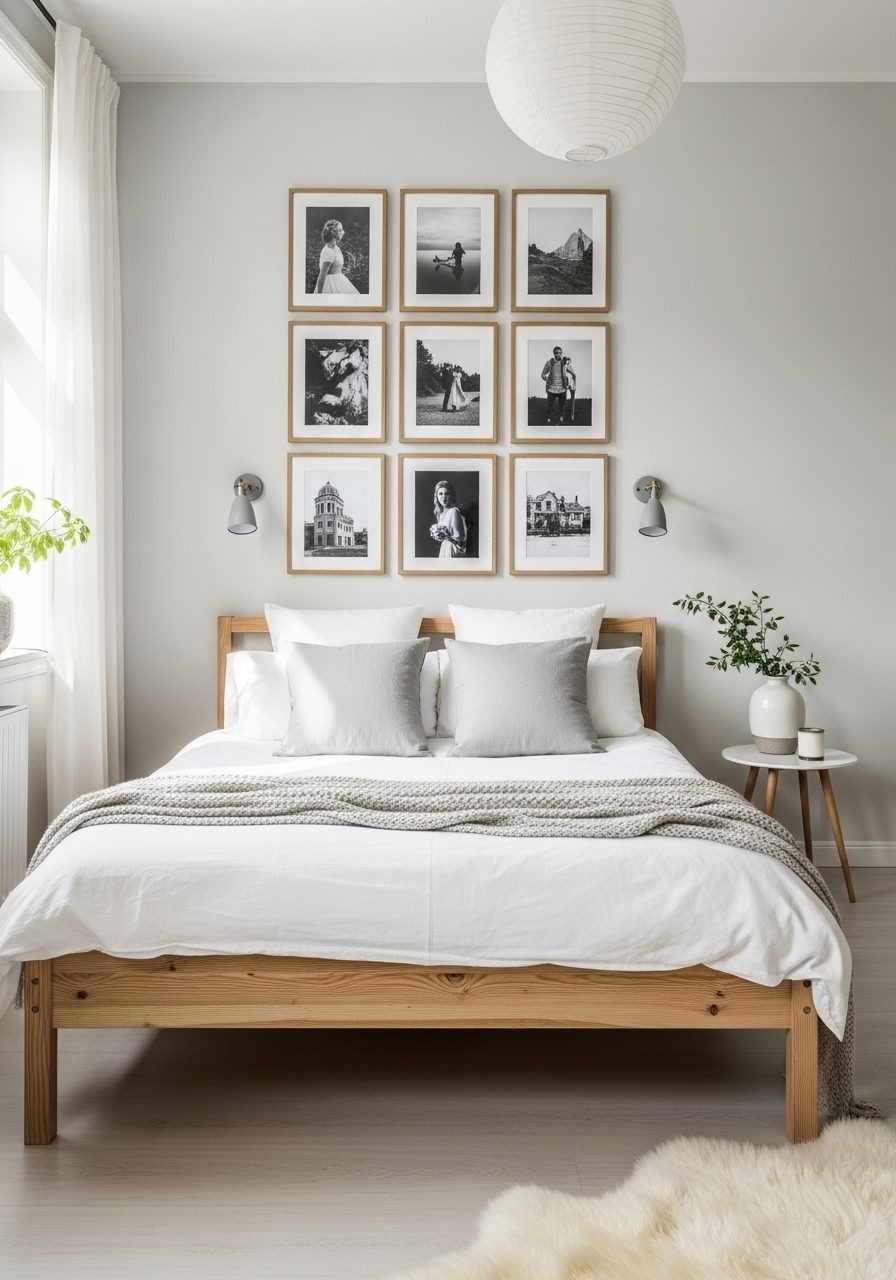 Gallery wall with black-and-white frames in a modern Scandinavian bedroom