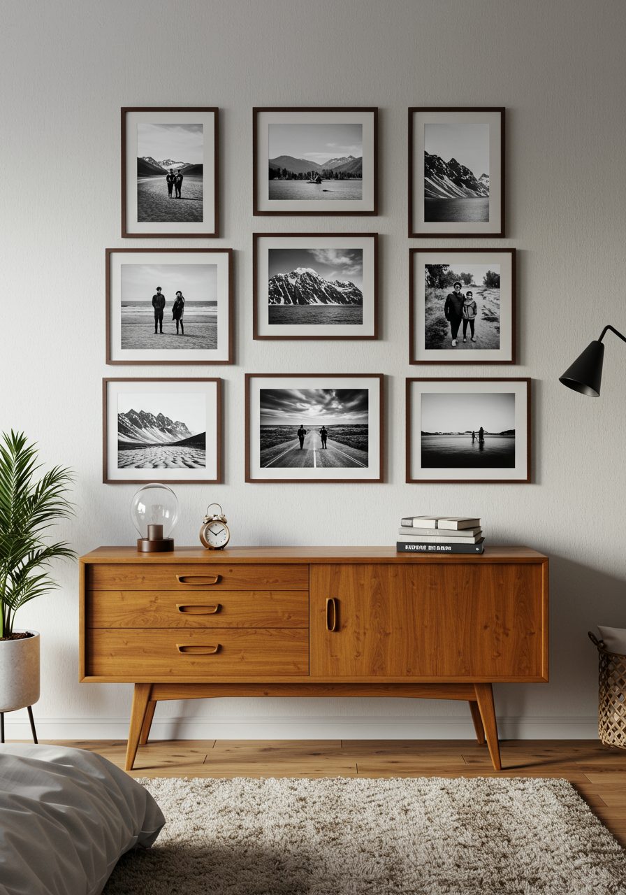 Gallery wall with black and white frames neatly arranged on a large bedroom wall