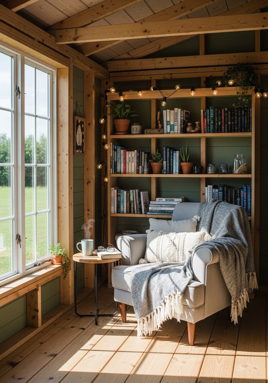 Garden shed reading nook with chair and natural lighting
