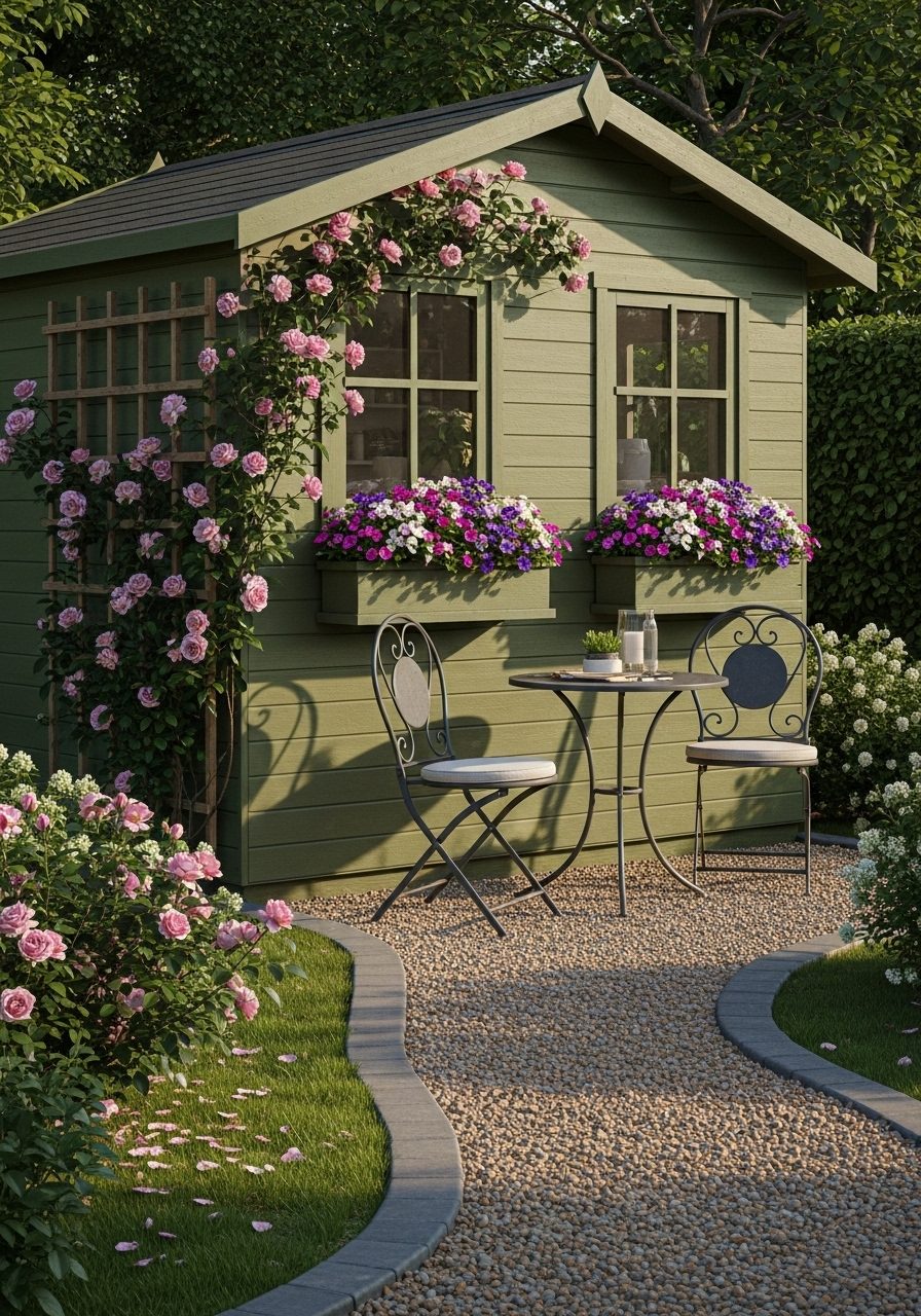 Garden shed with colorful plants, trellis, and gravel path
