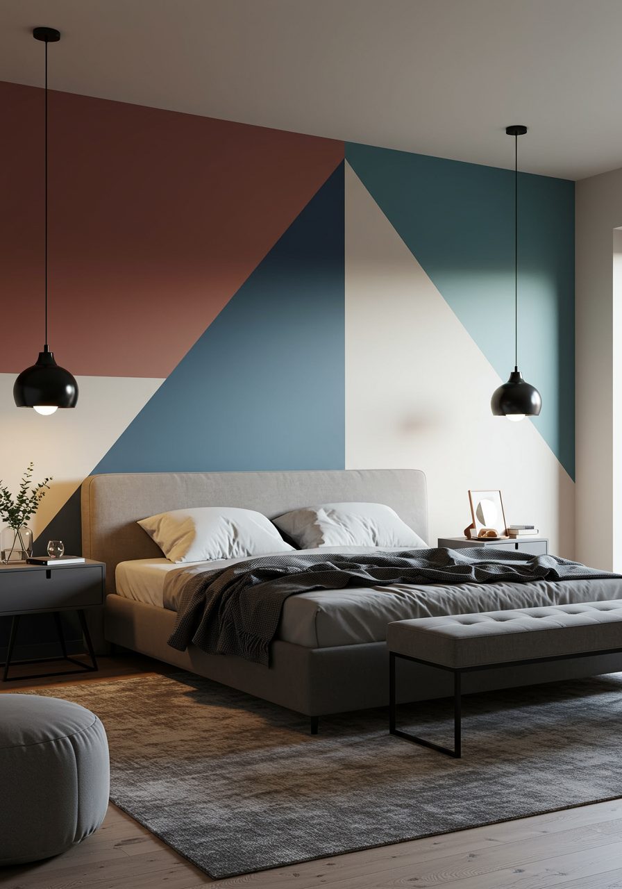 Geometric wall paint used as visual substitute for headboard