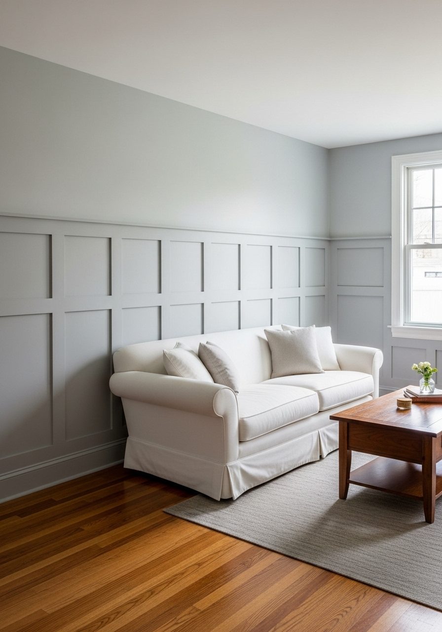 Gray board-and-batten paneling decorating a long living room wall