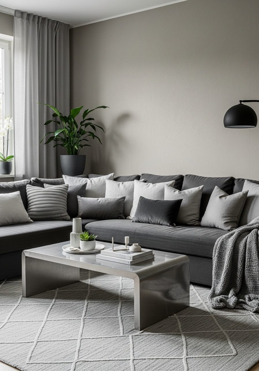 Gray living room layered with multiple gray shades from walls to furniture and textiles