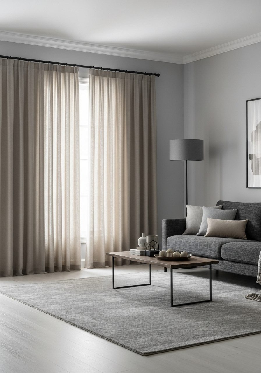 Gray living room with soft beige curtains filtering natural light through large windows