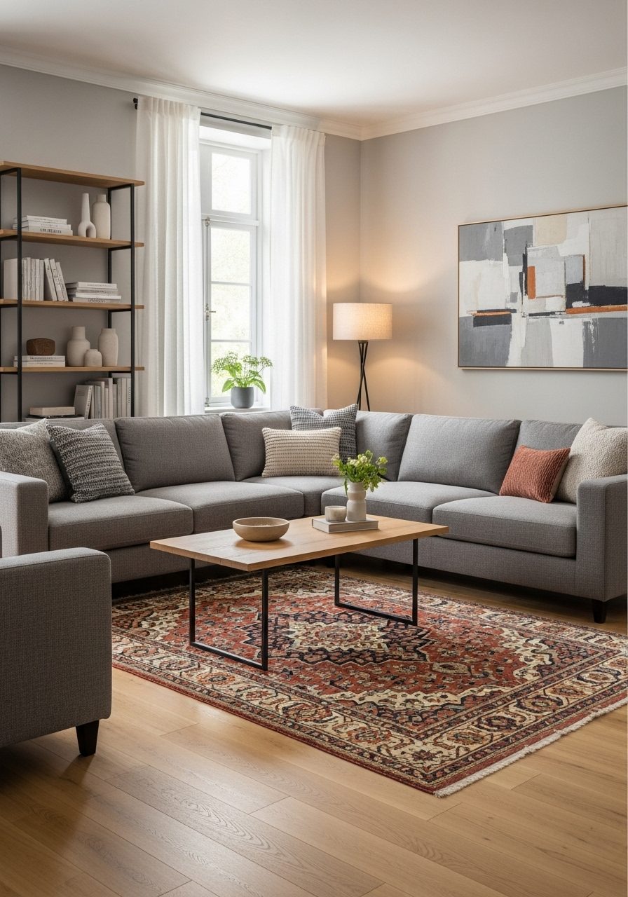Gray living room with wood floors and a patterned rug adding color and warmth