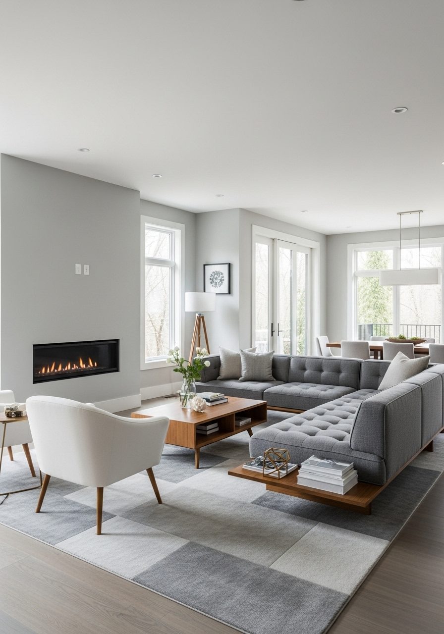 Gray modular furniture layout in an open-plan living room with defined zones and neutral accents