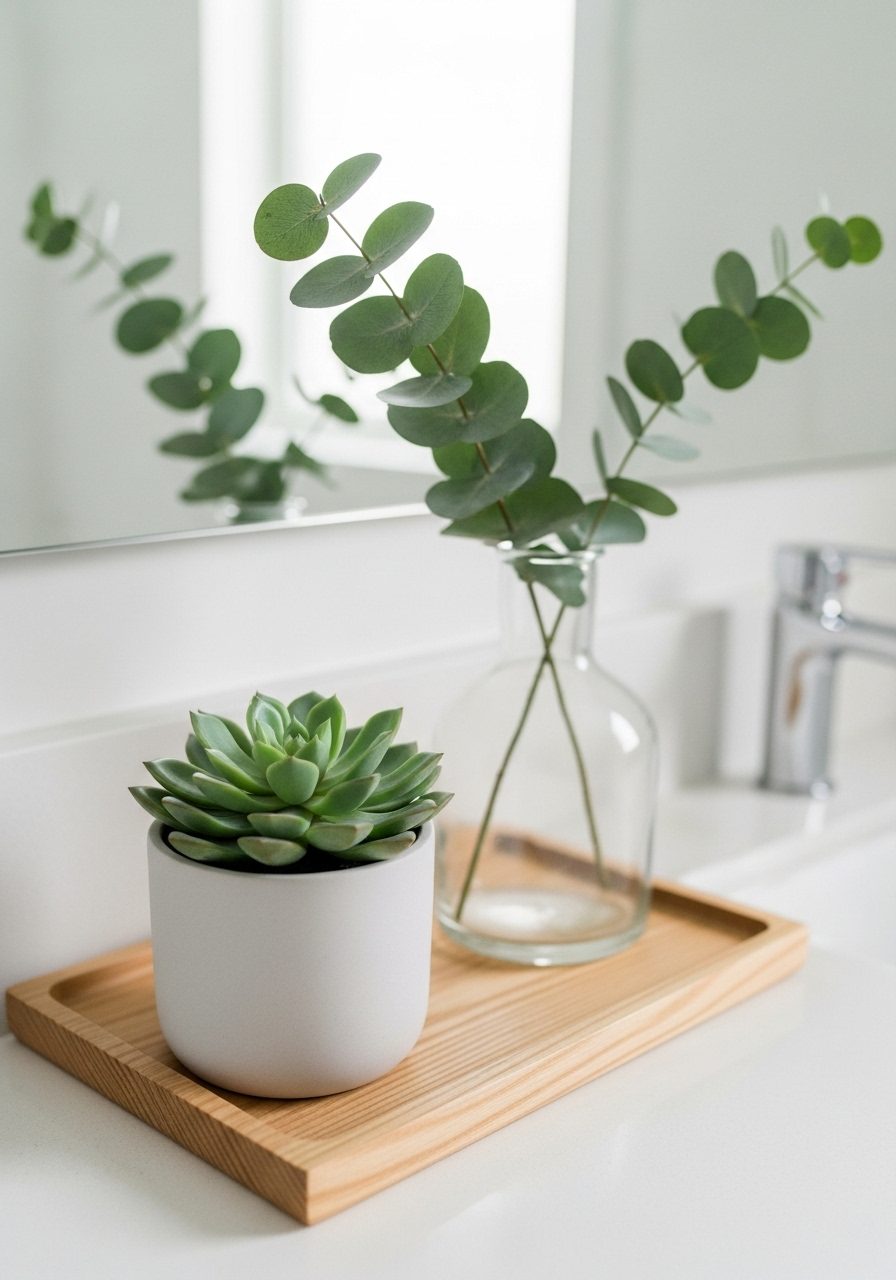Greenery and eucalyptus stems on a bright bathroom counter