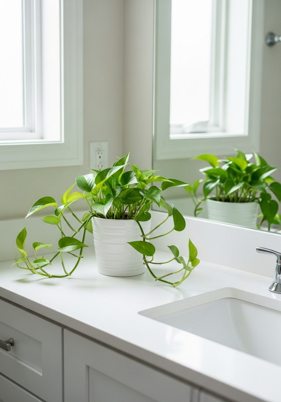 Greenery on bathroom countertop for natural decor feel