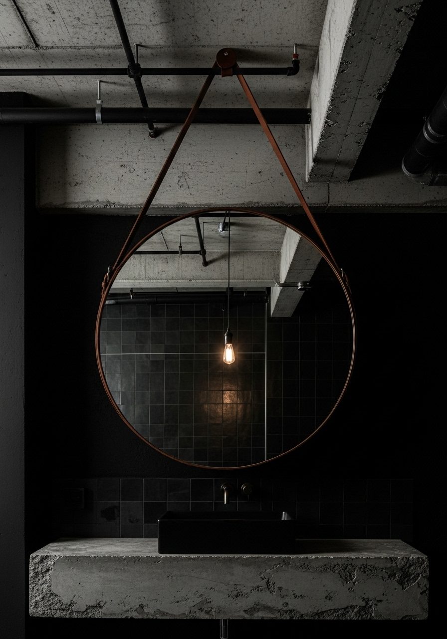Hanging mirror with leather straps in small industrial-style bathroom