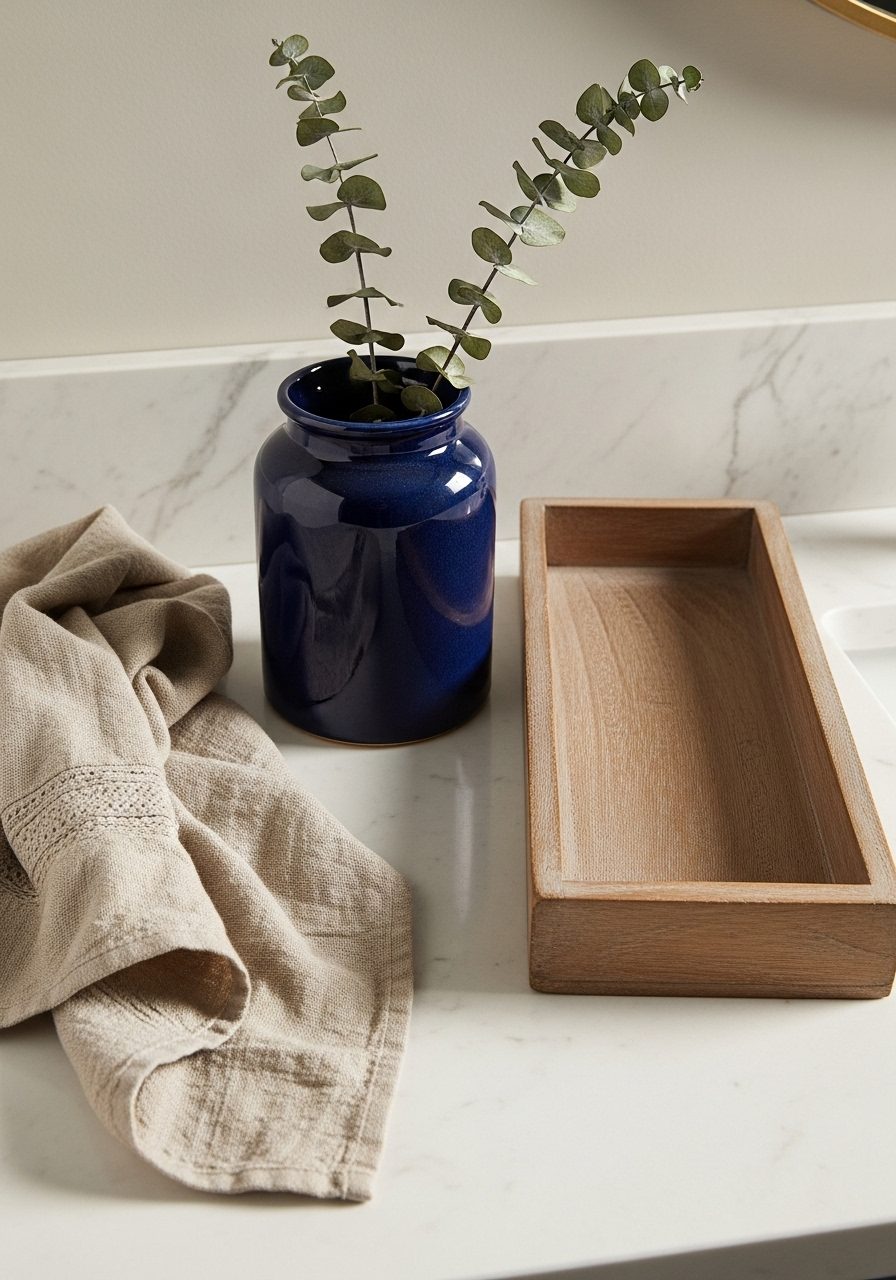 Harmonized bathroom counter with layered textures and a cohesive color palette