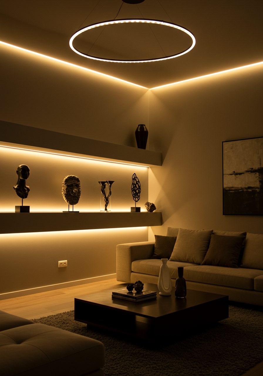 High ledge decor illuminated by LED accent lighting in living room
