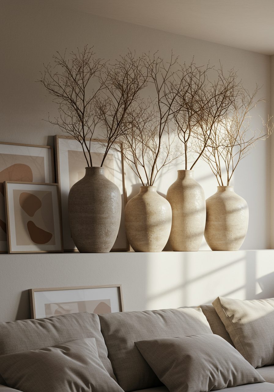 High living room ledge styled with oversized ceramic vases and framed art