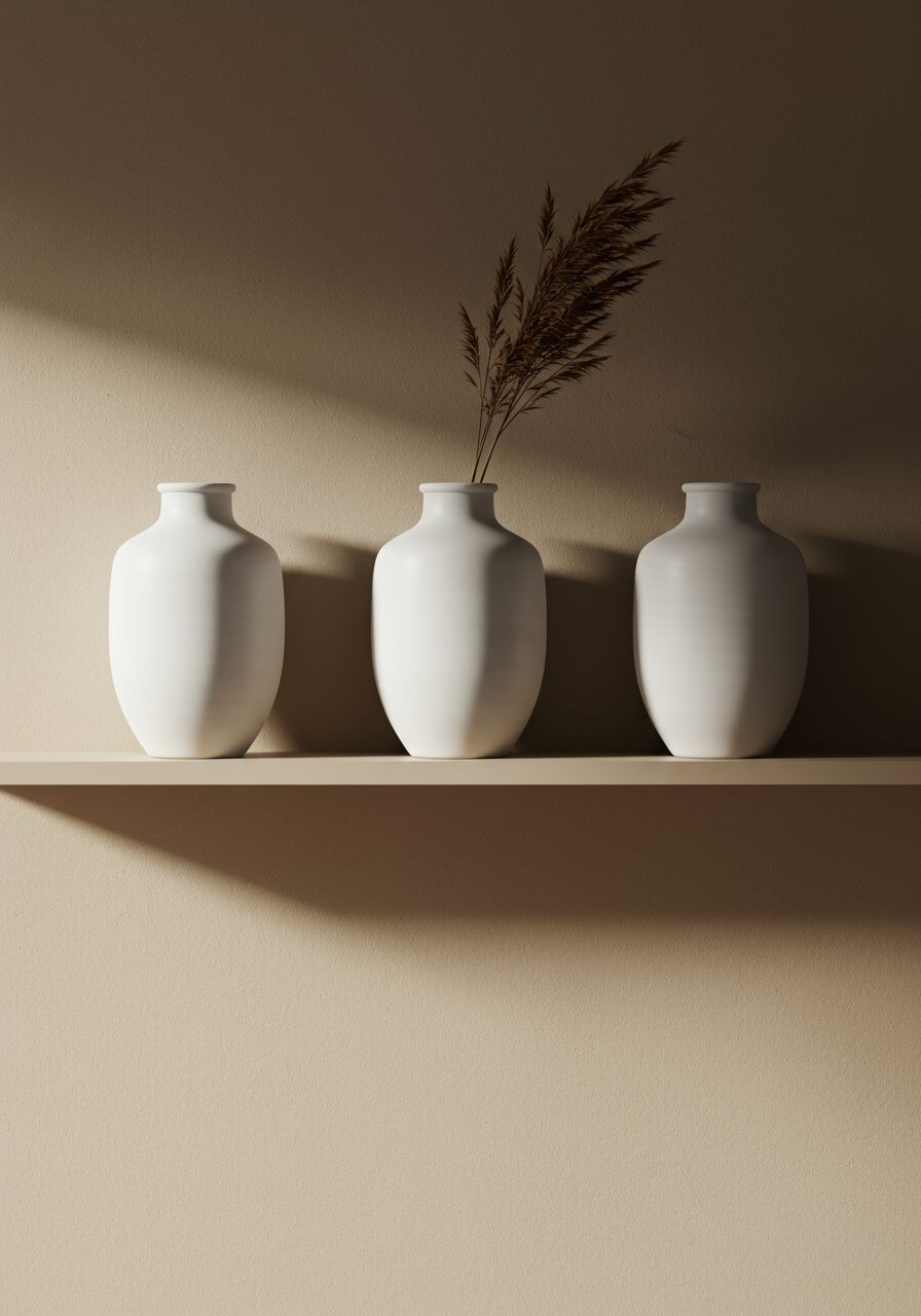 High shelf with repeated pottery jars creating a clean and cohesive look