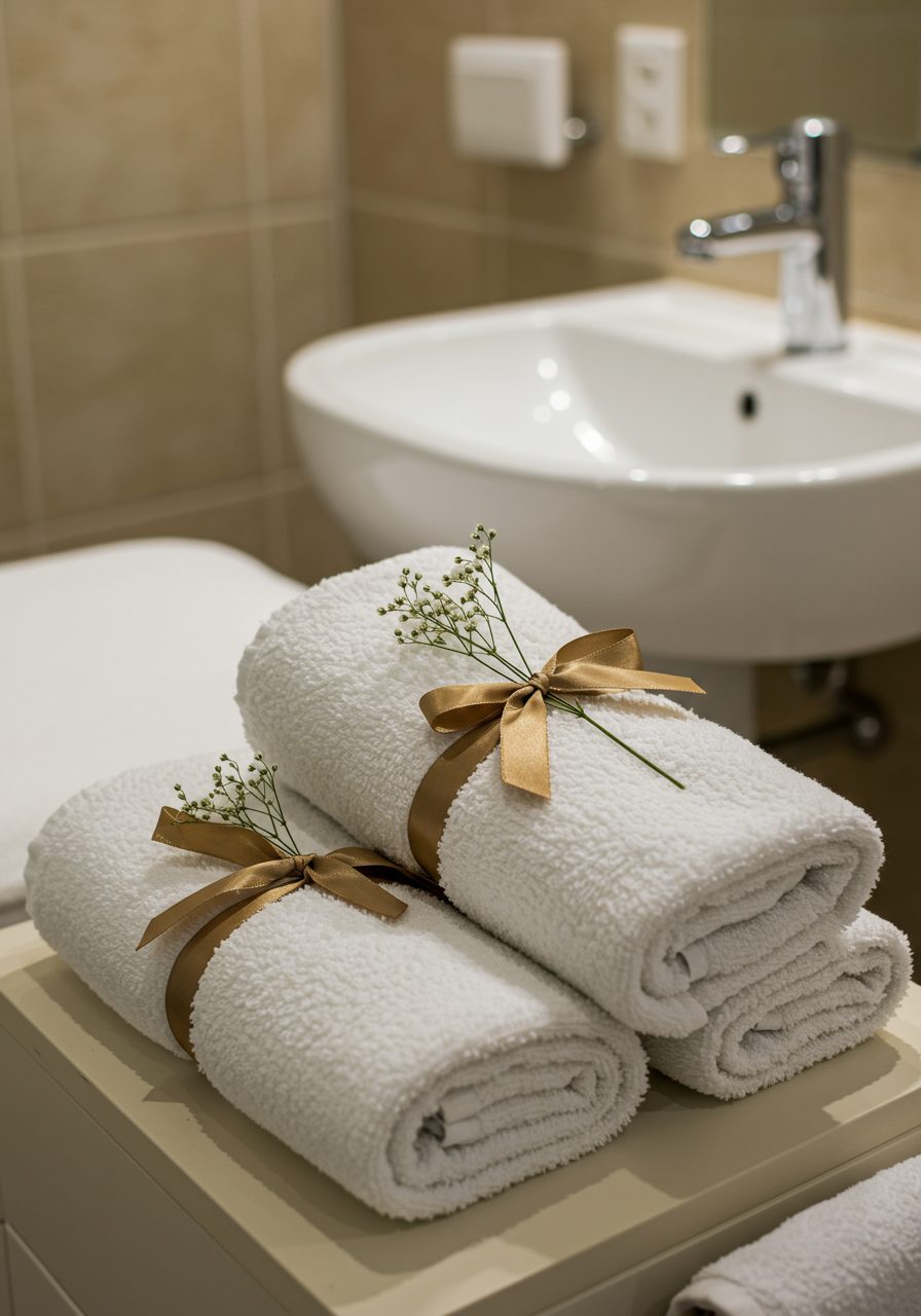 Hotel-style guest towels with ribbon bows and floral accents displayed in a welcoming bathroom