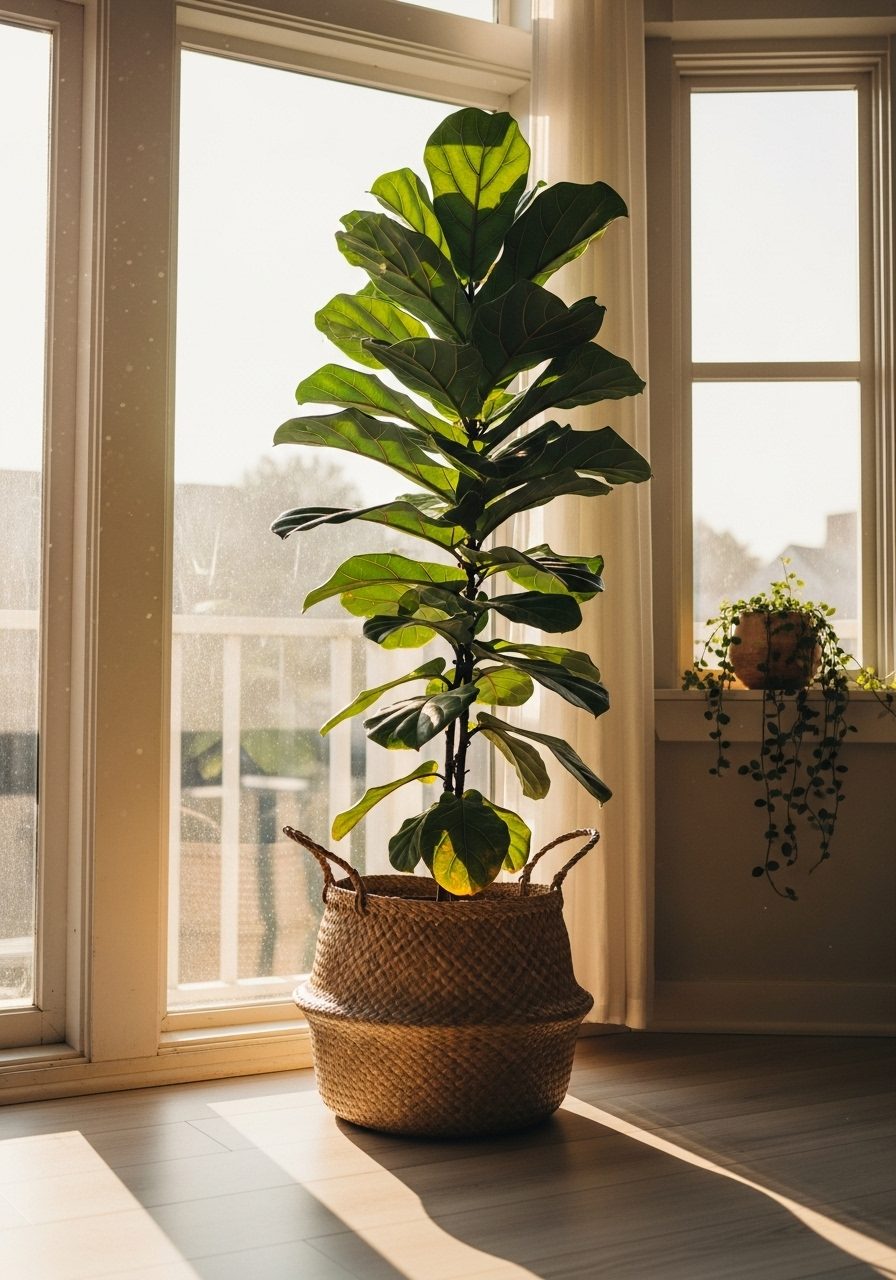 Indoor fiddle leaf fig placed in a tall woven basket planter near a window