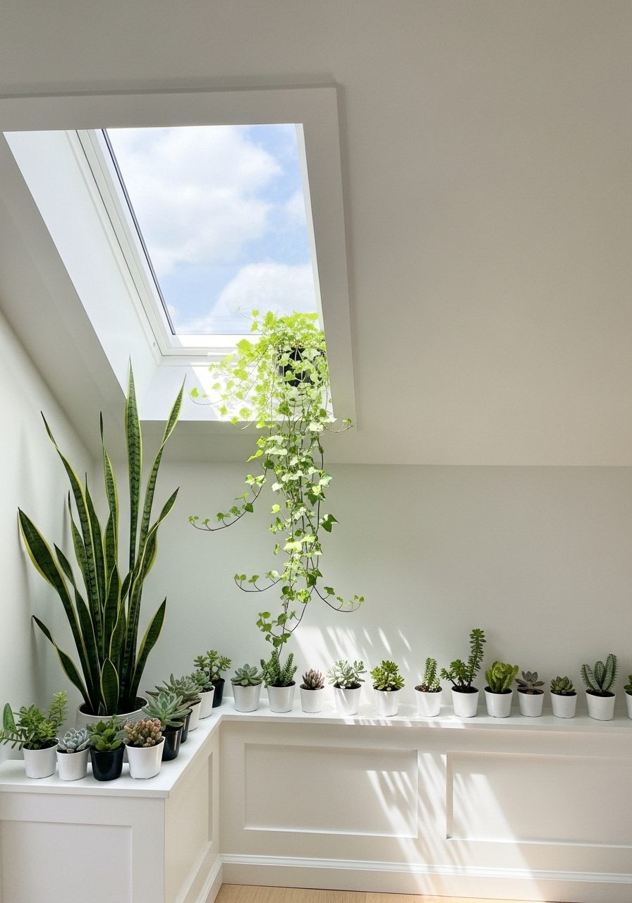 Indoor plants creatively placed under slanted walls in a bedroom