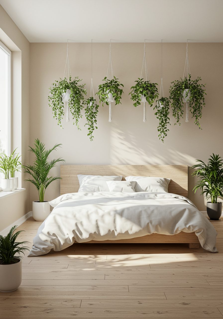 Indoor plants used to create focal point in bedroom without a headboard