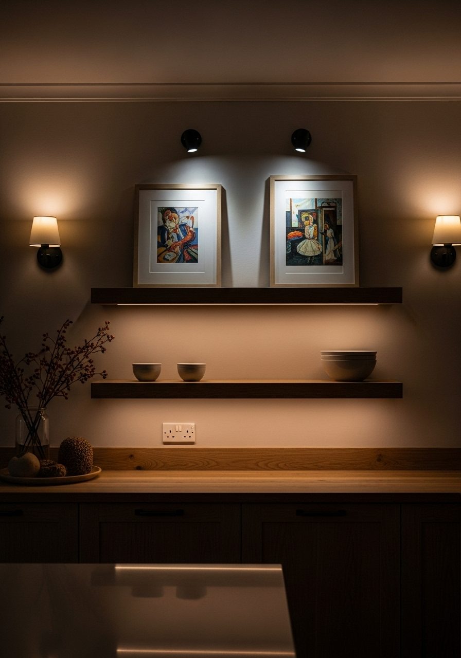Integrated LED and sconce lighting on a decorated kitchen wall