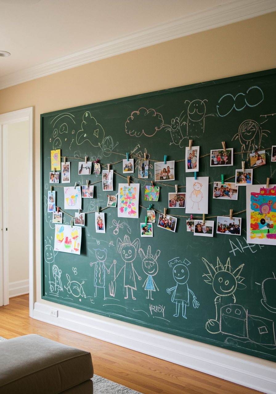 Interactive chalkboard section used as decor on a long living room wall