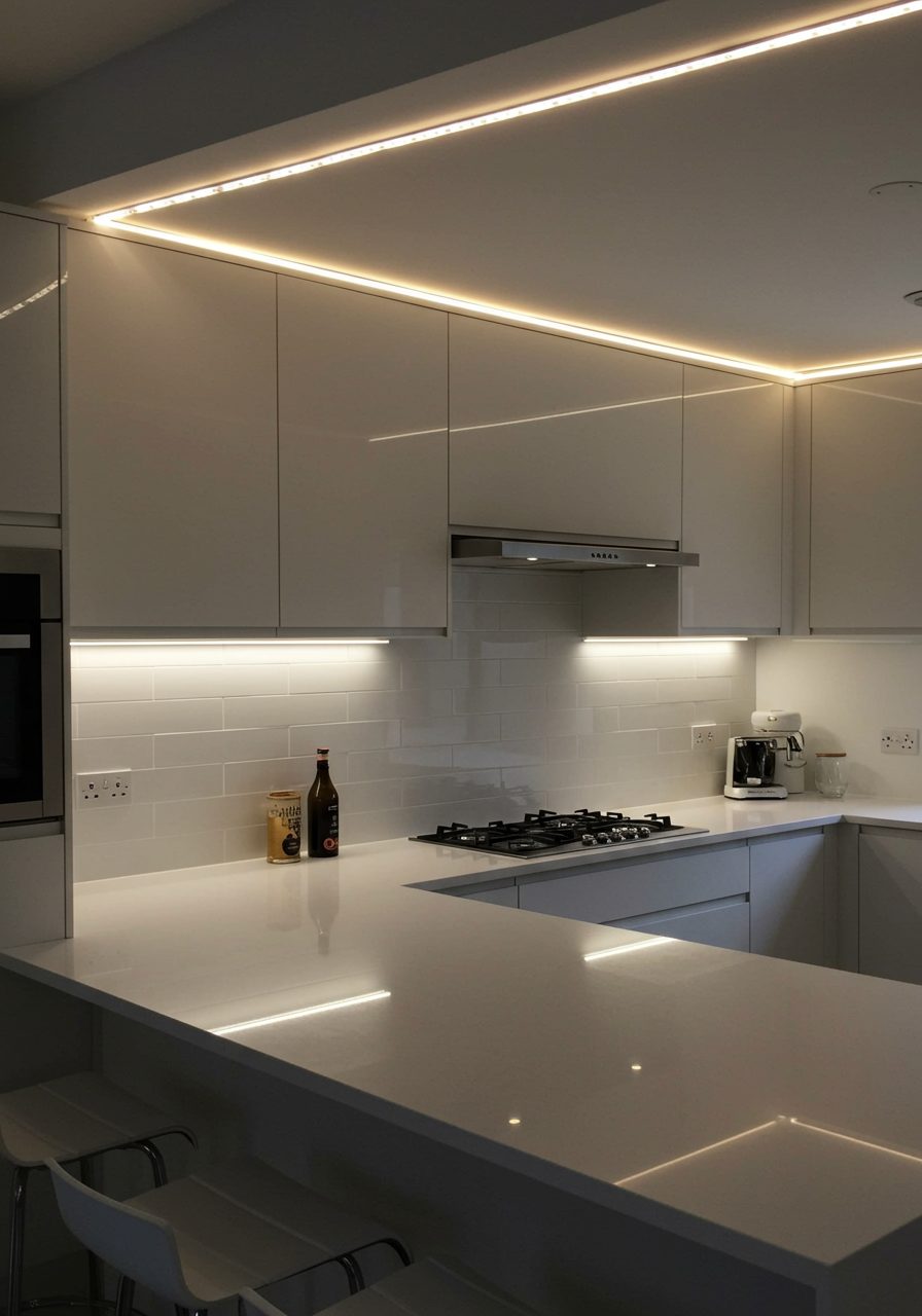 Kitchen soffit glowing with warm LED strip lighting under the cabinets
