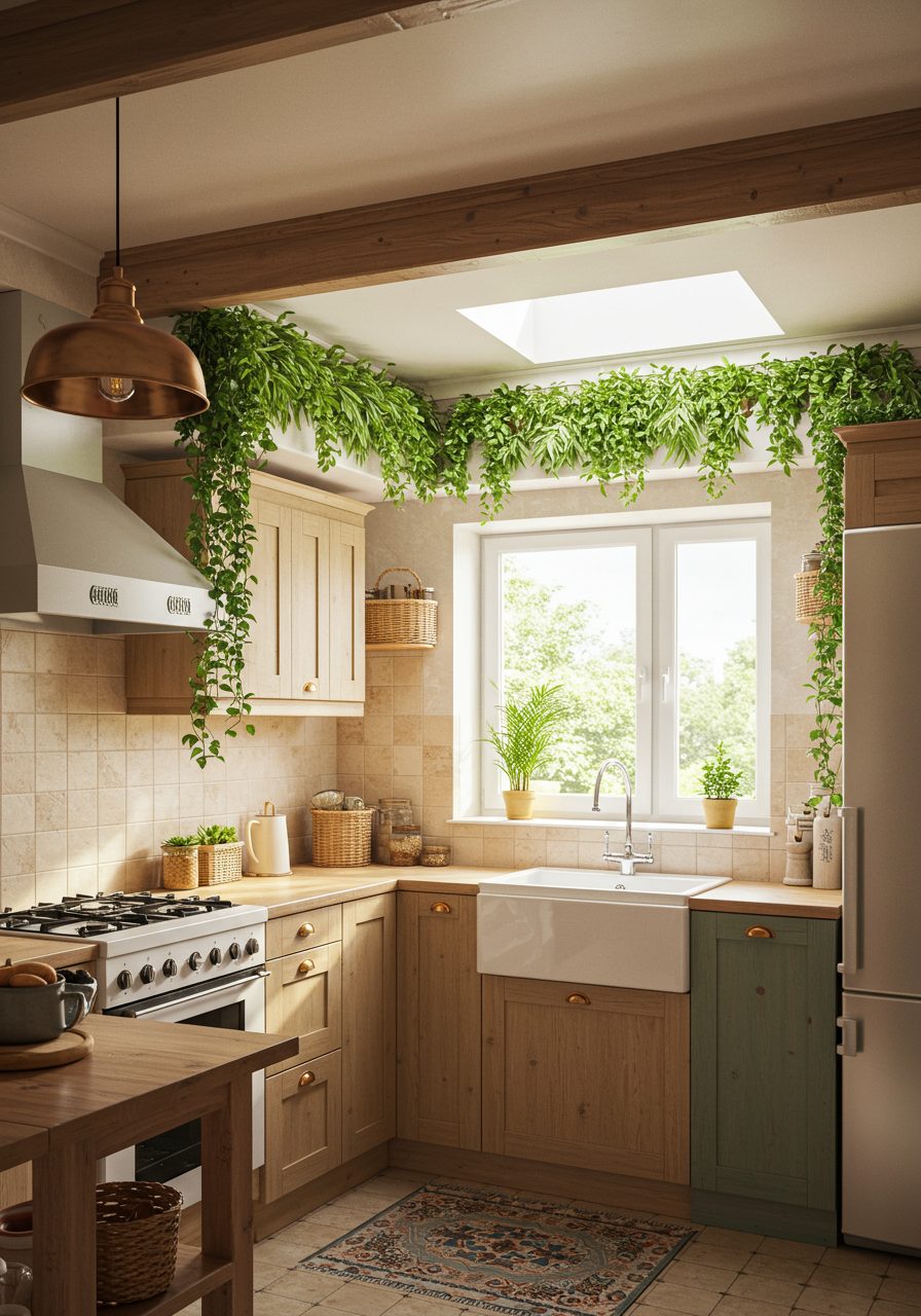 Kitchen soffit used as a green ledge holding faux trailing plants for freshness