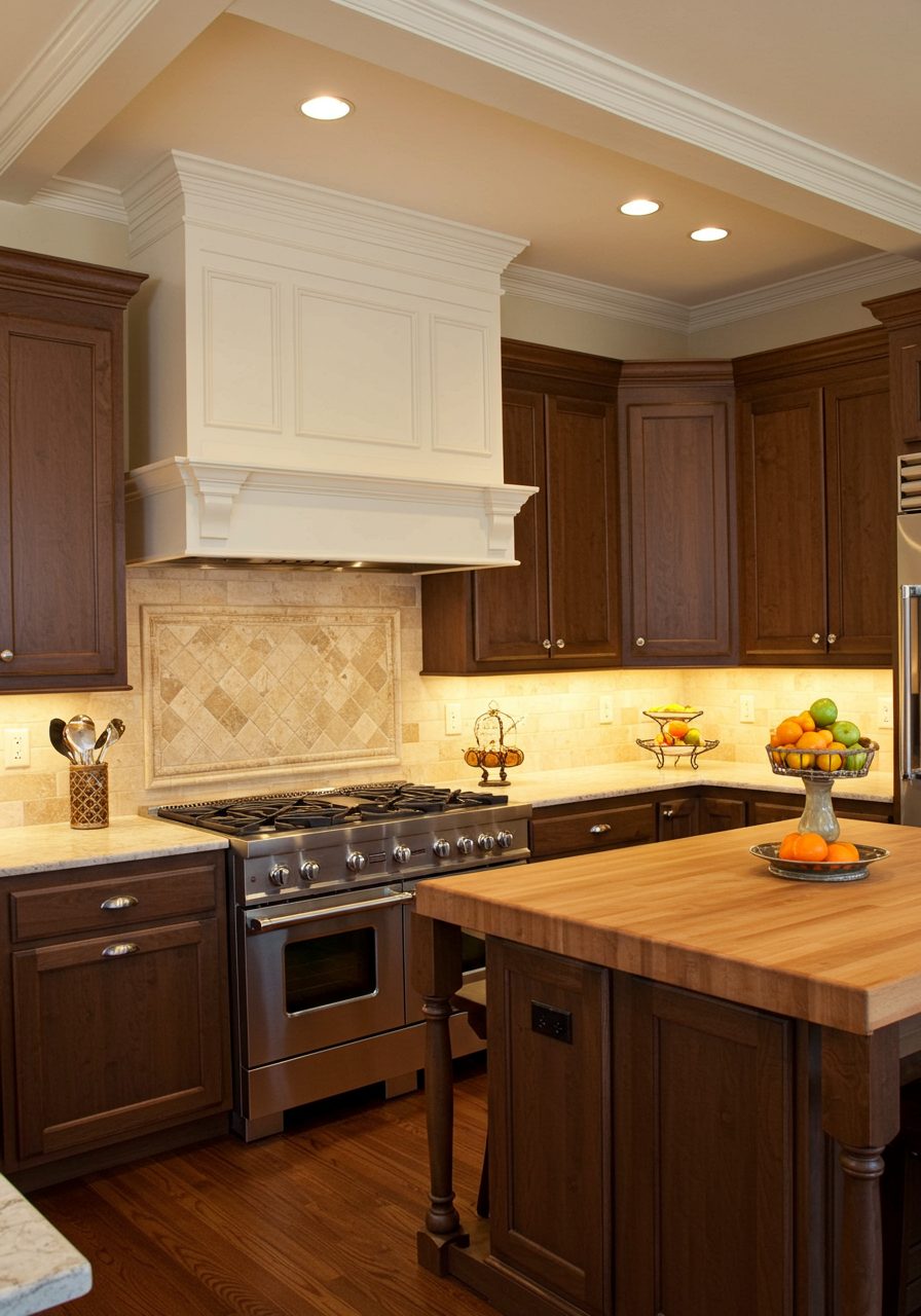 Kitchen soffit with elegant white crown molding that blends with classic wood cabinets