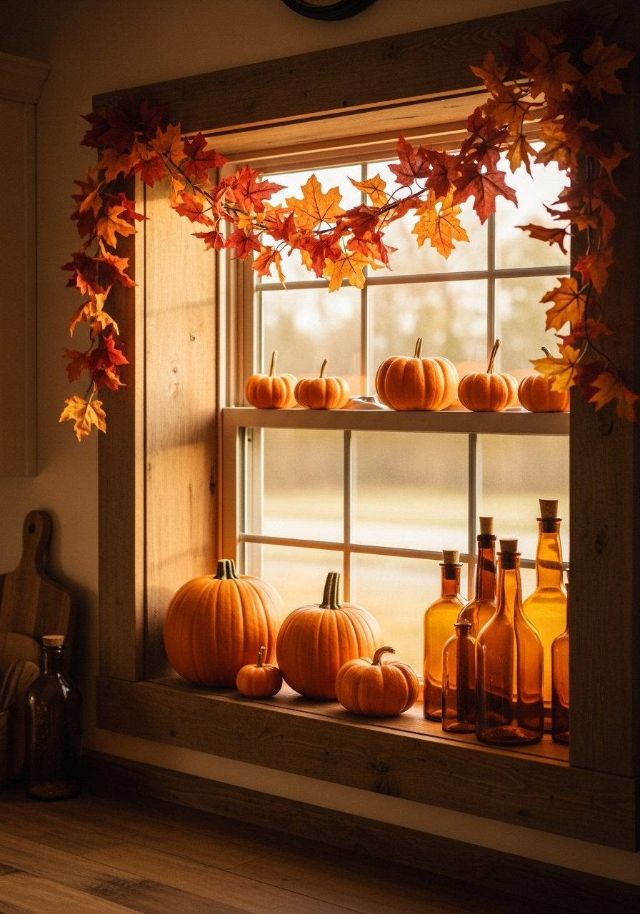 Kitchen window decorated with pumpkins, amber bottles, and autumn leaf garland