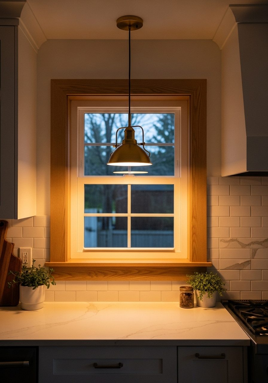 Kitchen window with pendant lighting and soft warm ambient glow