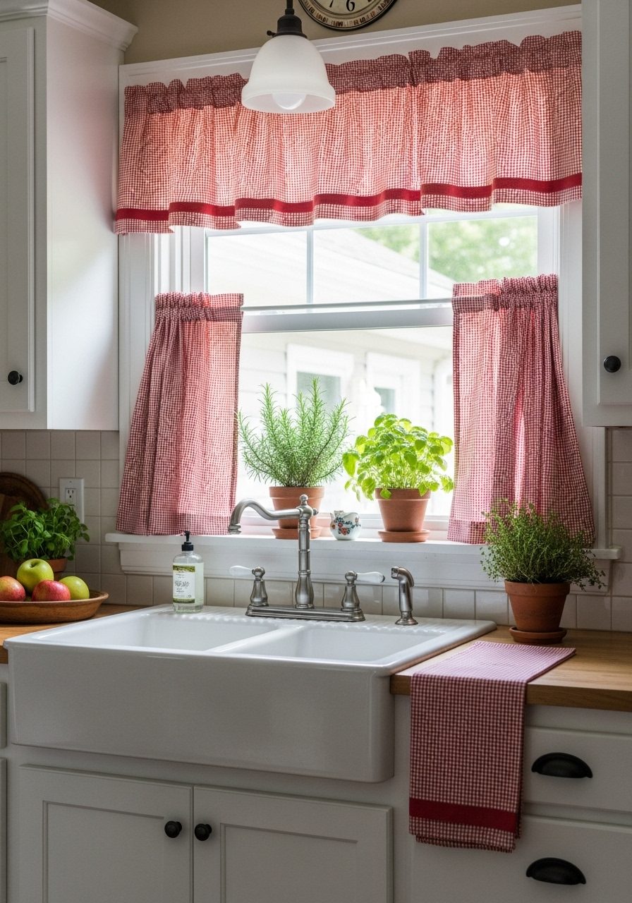 Kitchen window with red gingham café curtains and potted herbs on the sill