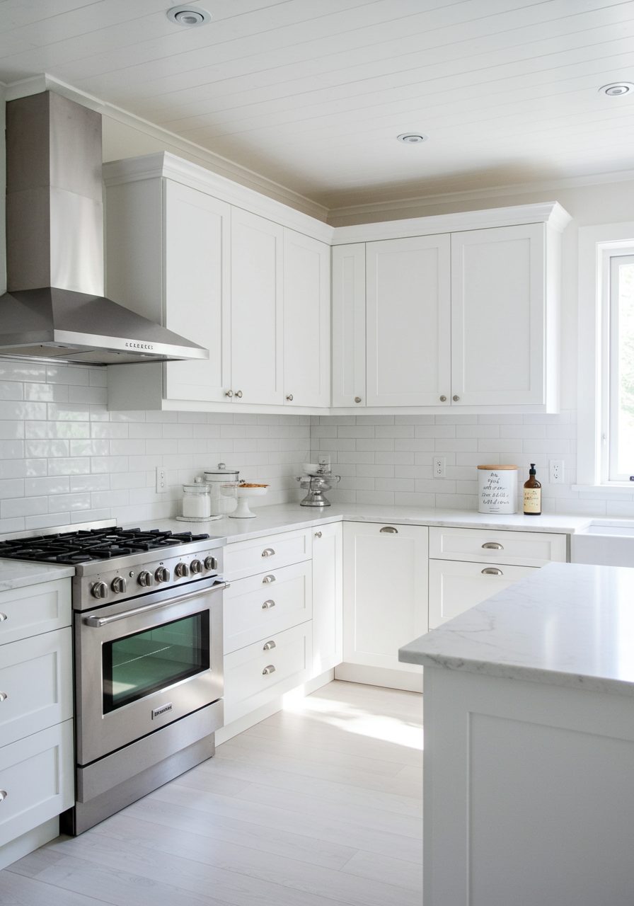 Kitchen with white cabinets and soffit painted to match, creating a seamless modern look