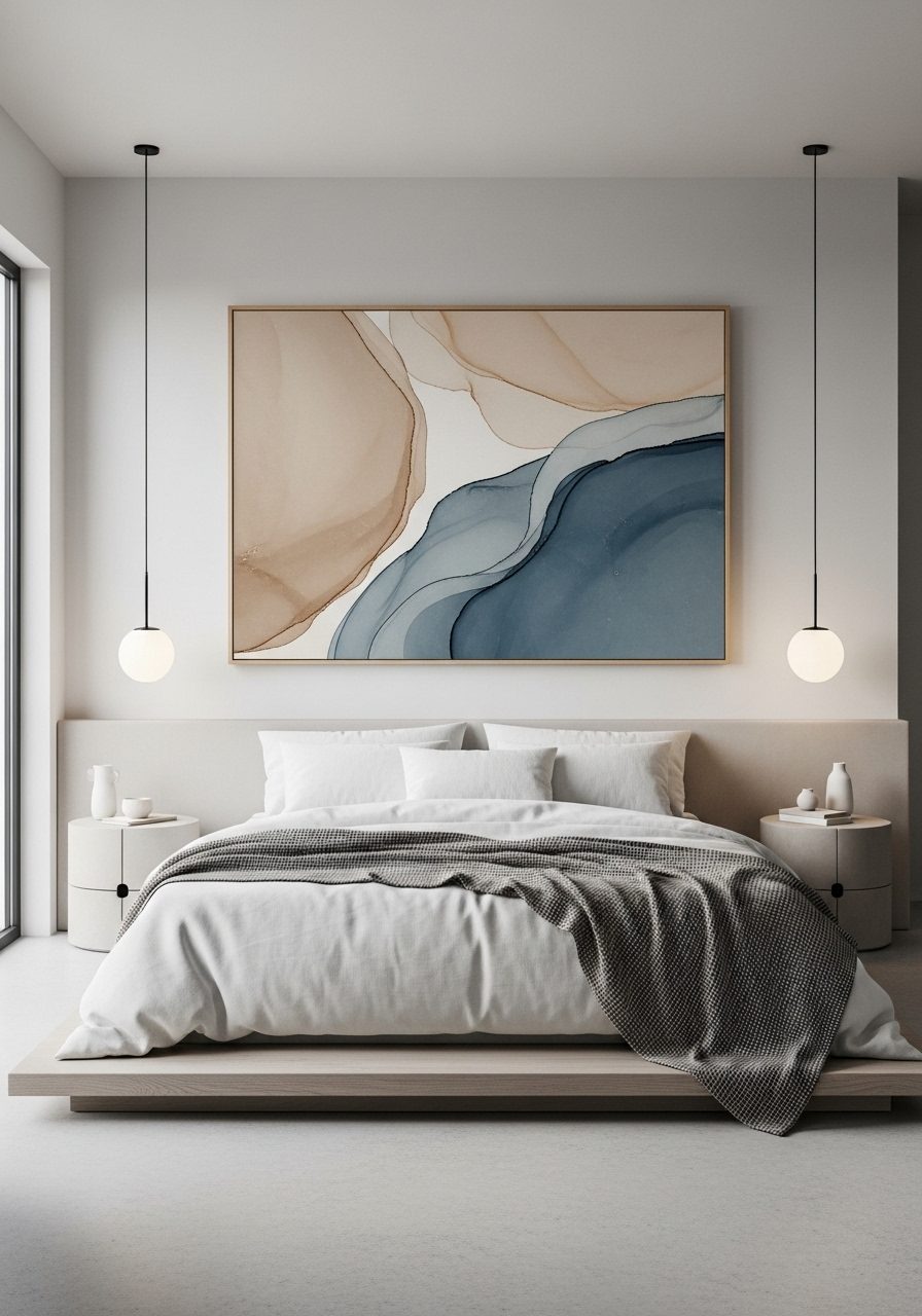 Large abstract canvas decorates a big bedroom wall with minimalist styling