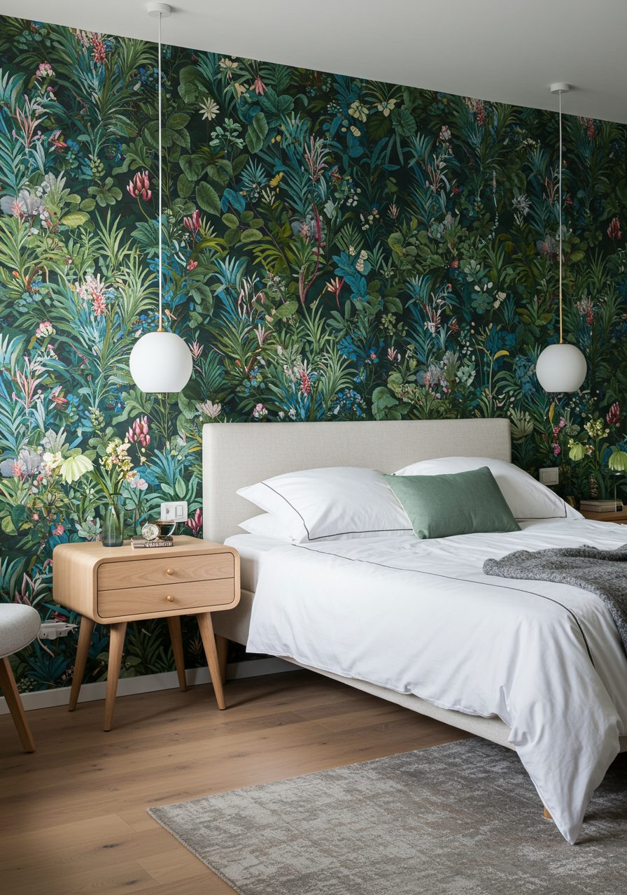 Large bedroom wall with botanical wallpaper creating an accent feature