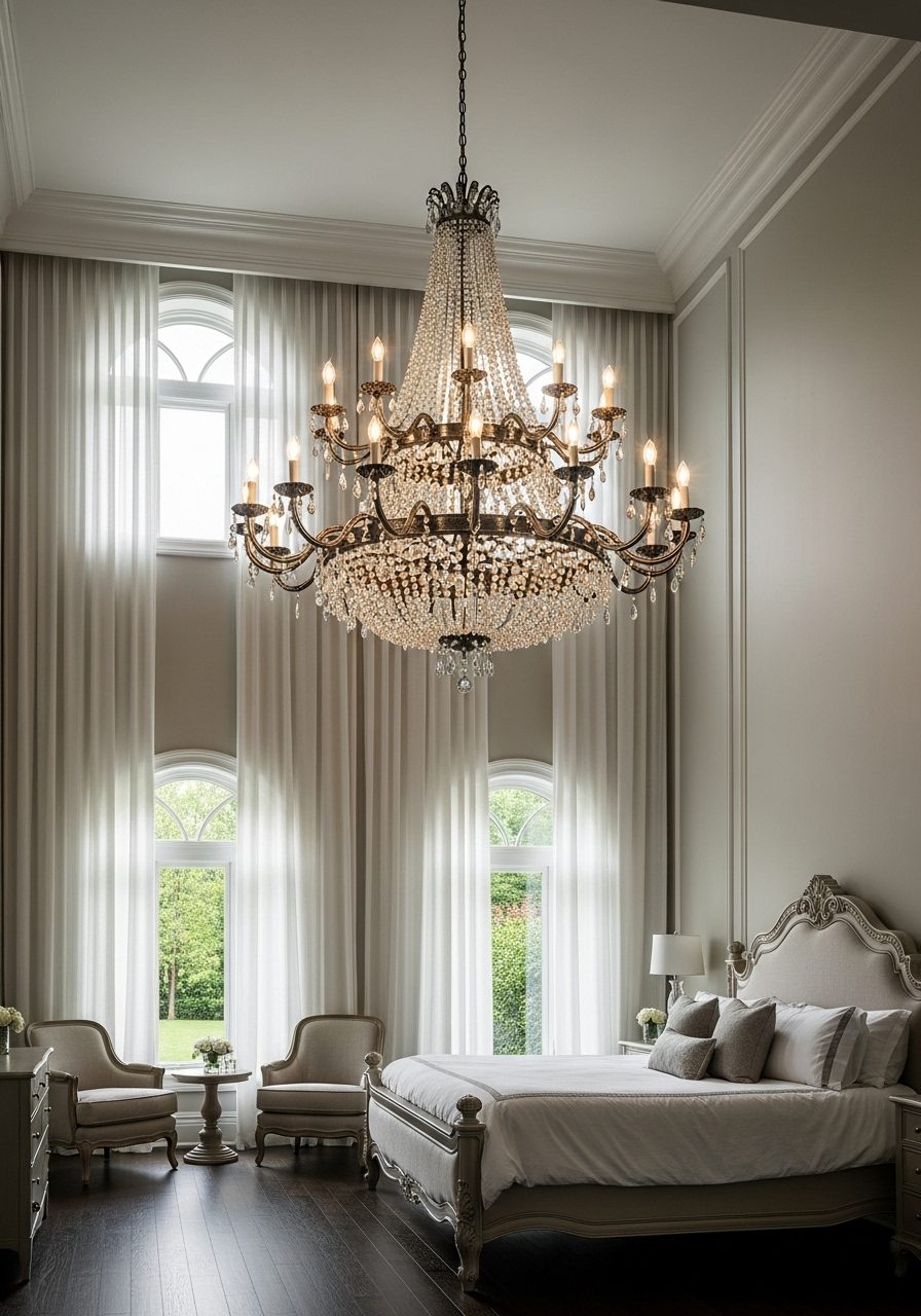 Large chandelier anchors the space in a bedroom with tall ceilings and vertical curtains