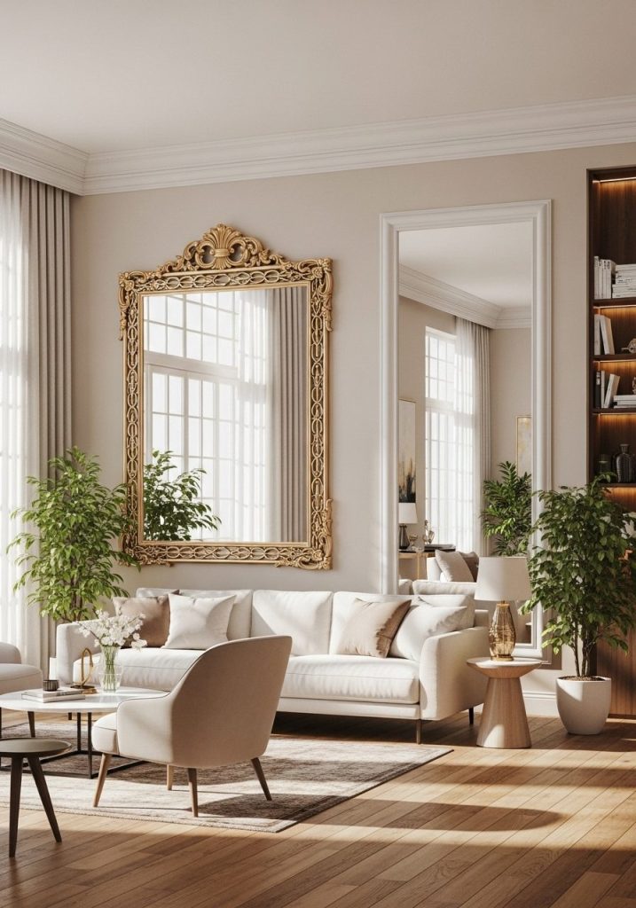 Large decorative mirror in a bright living room