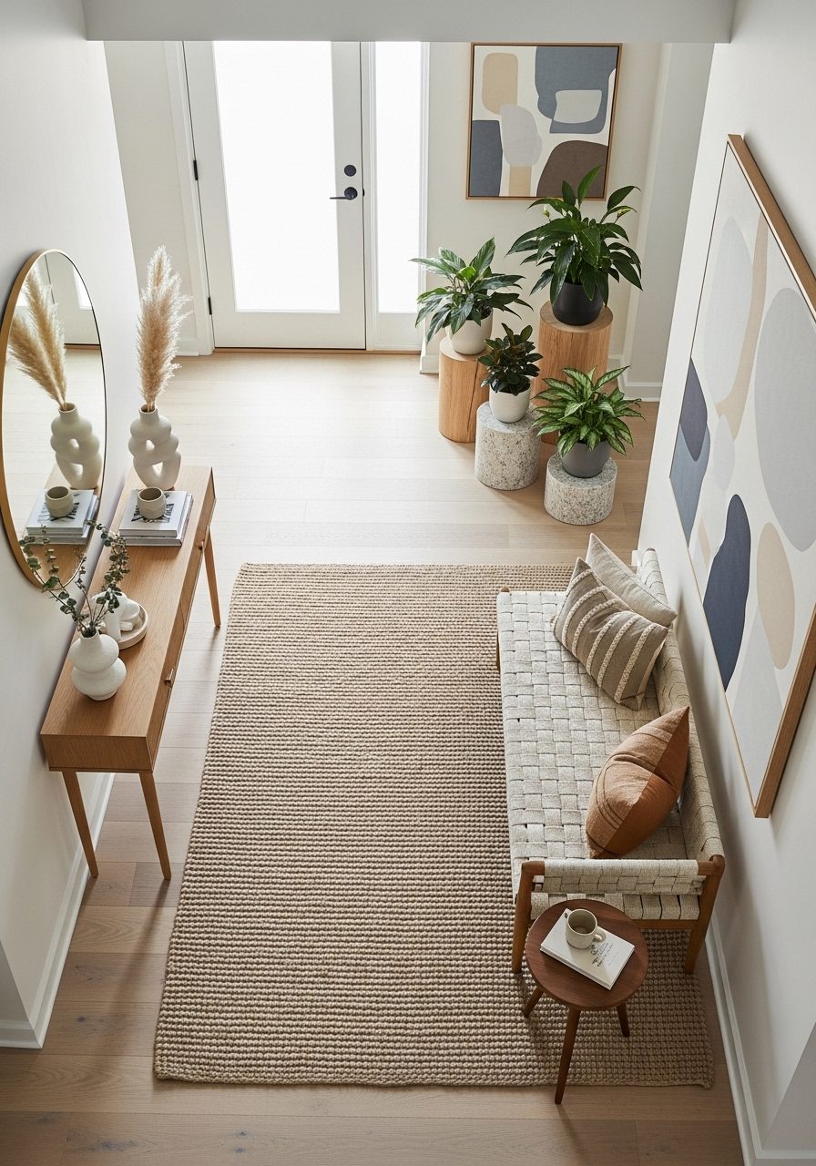 Large entryway with clear zones seating, storage, and display