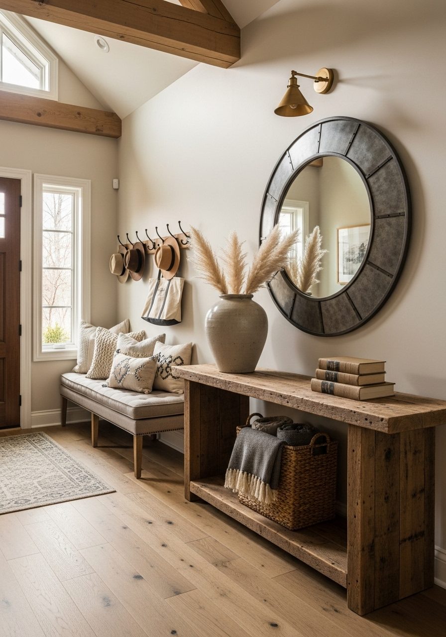 Large entryway with console table, bench seating, and wall hooks under warm lighting