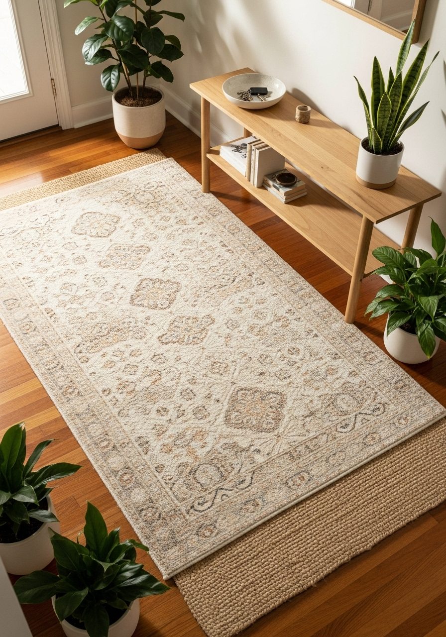 Large entryway with oversized rug and layered runner on hardwood floor