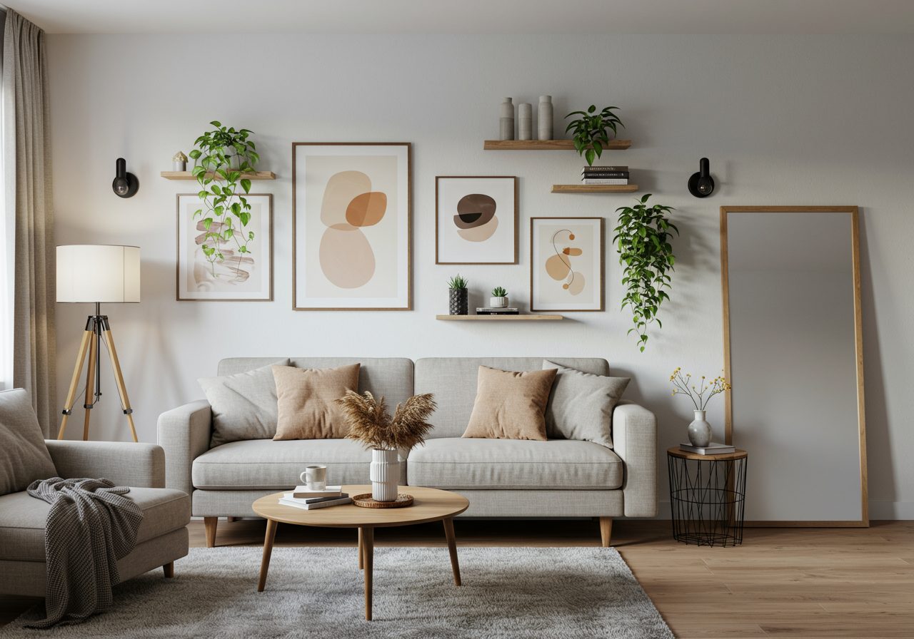 Large living room wall decorated with oversized art, shelves, plants, and mirror in a modern cozy interior