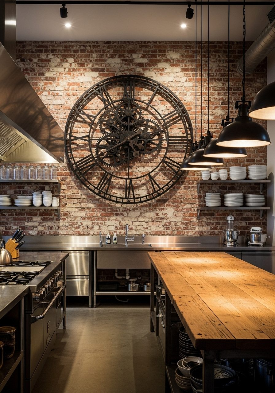 Large metal wall clock in an industrial-style kitchen with brick wall