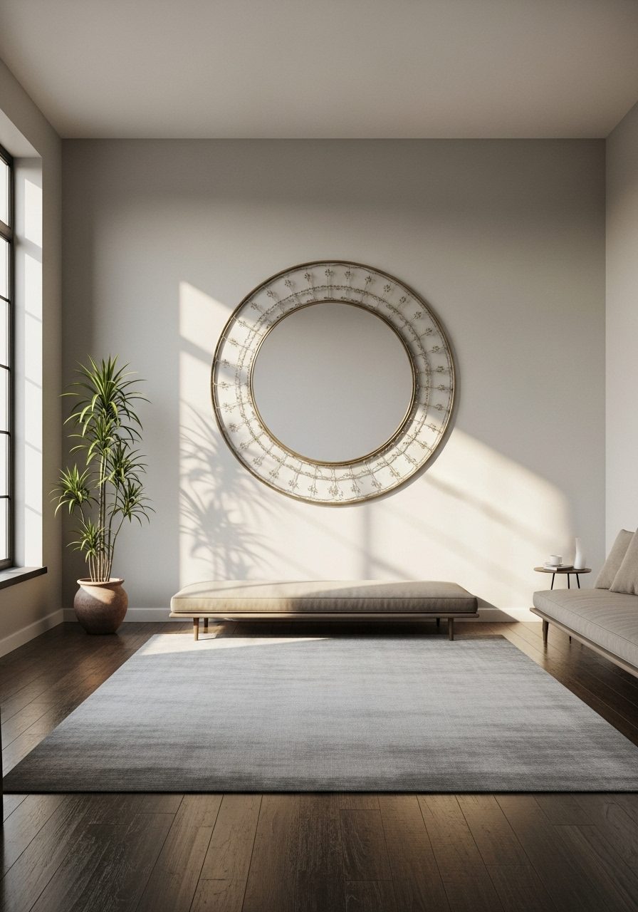 Large mirror mounted on a long living room wall reflecting natural light