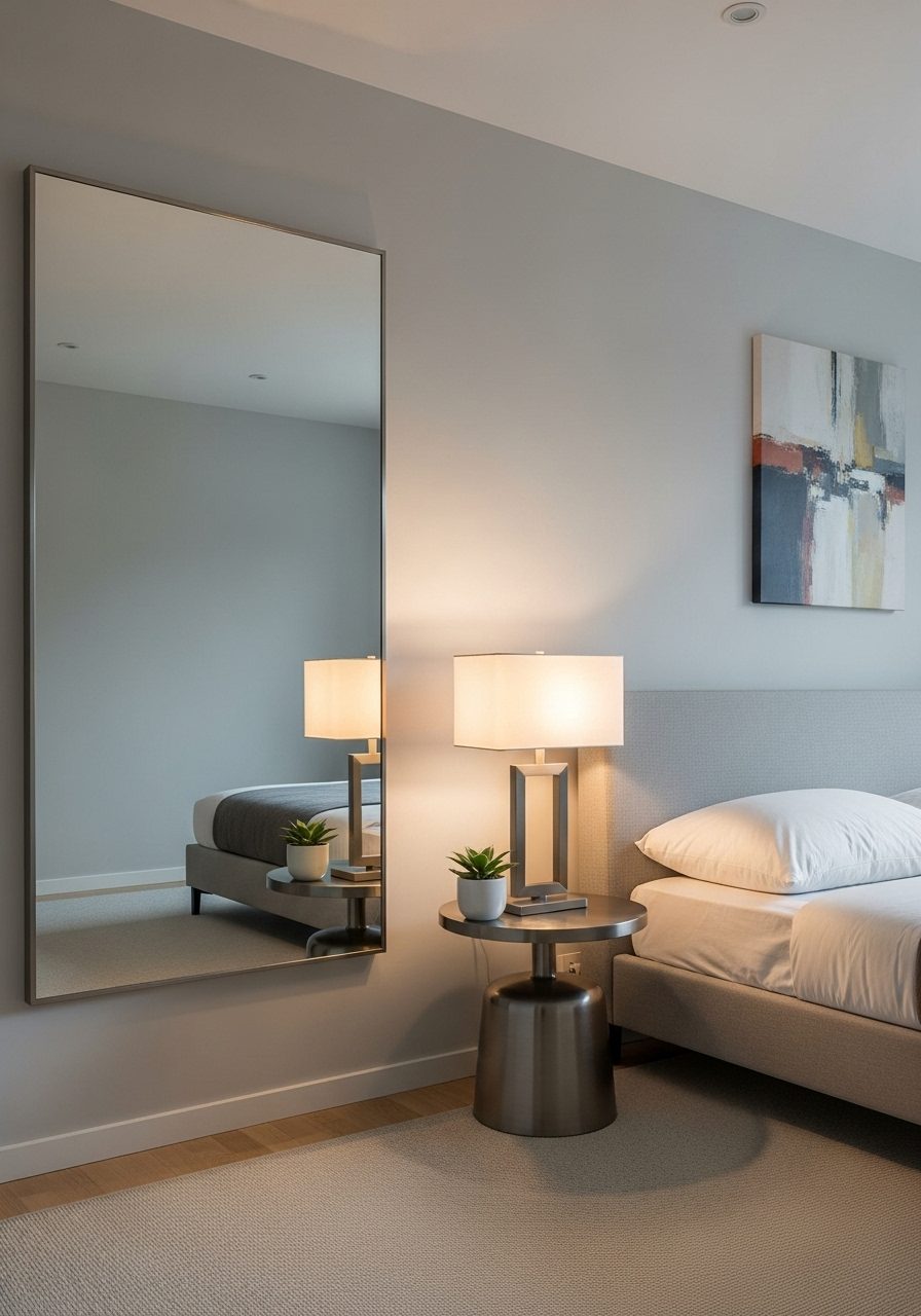 Large mirror reflects artificial light in a cozy windowless bedroom